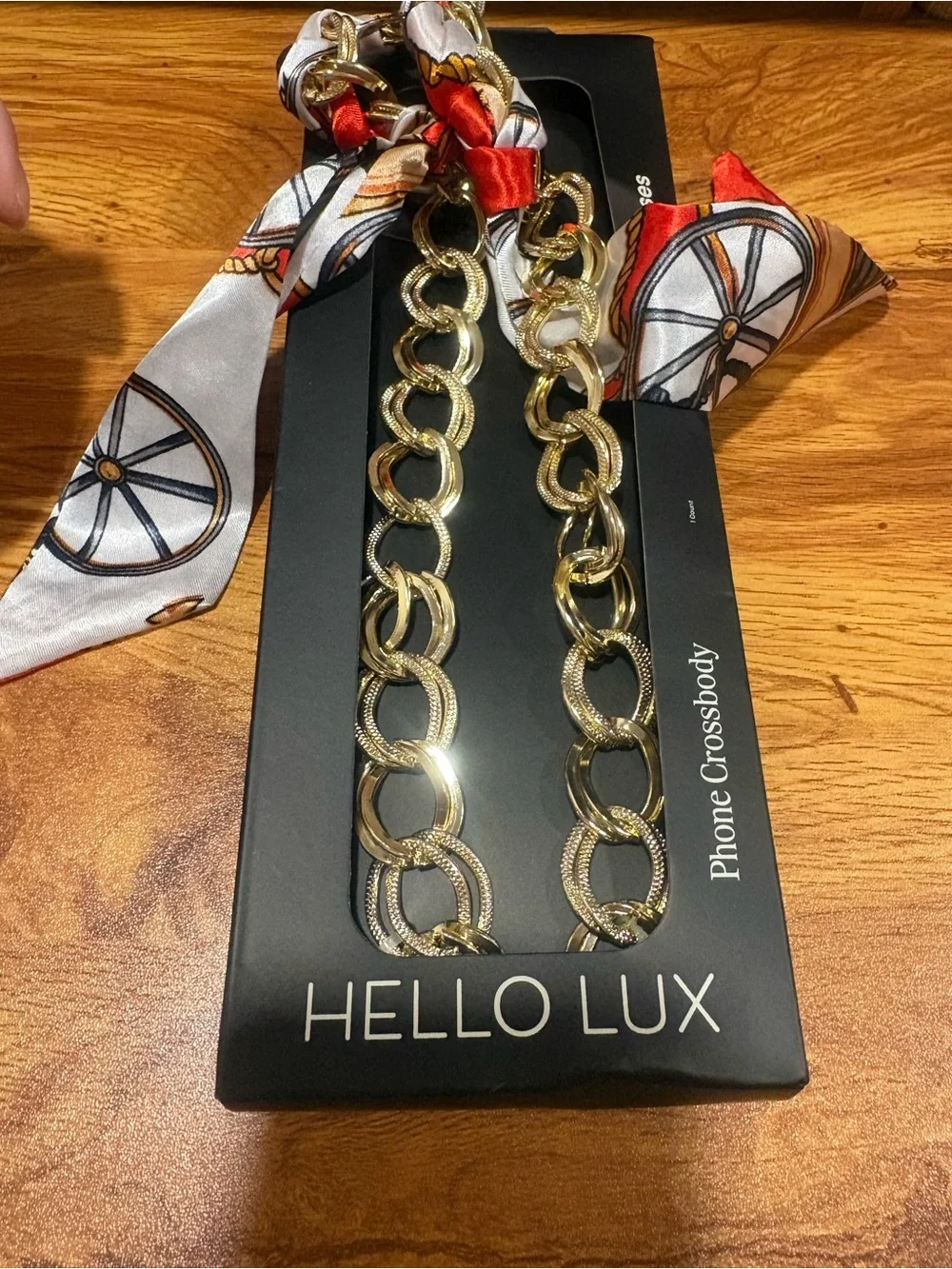 Gold Chain Phone Strap with White and Red Scarf